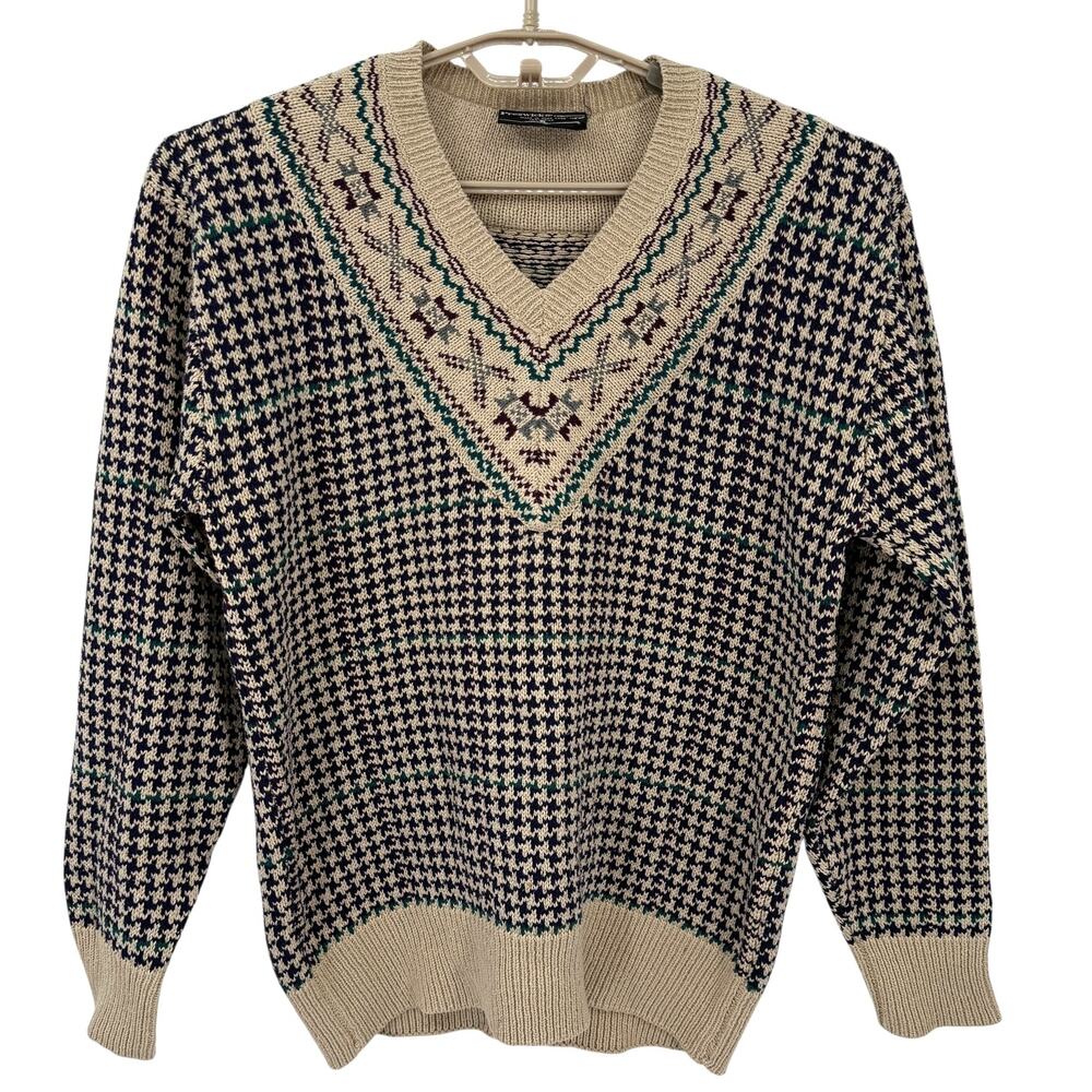 Preswick & Moore Vintage 100% Silk Fair Isle Houndstooth V Neck Sweater Small